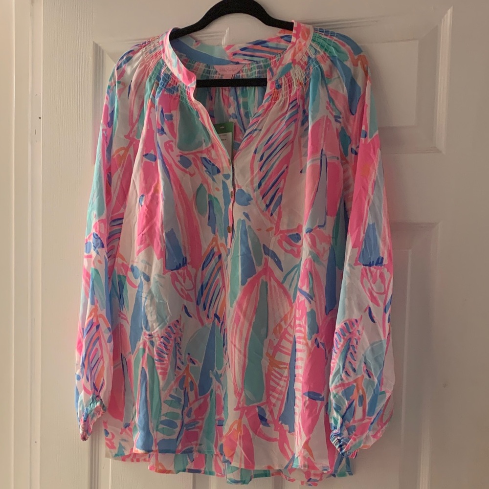 Lilly Pulitzer Pink and Blue Leaf Print Blouse